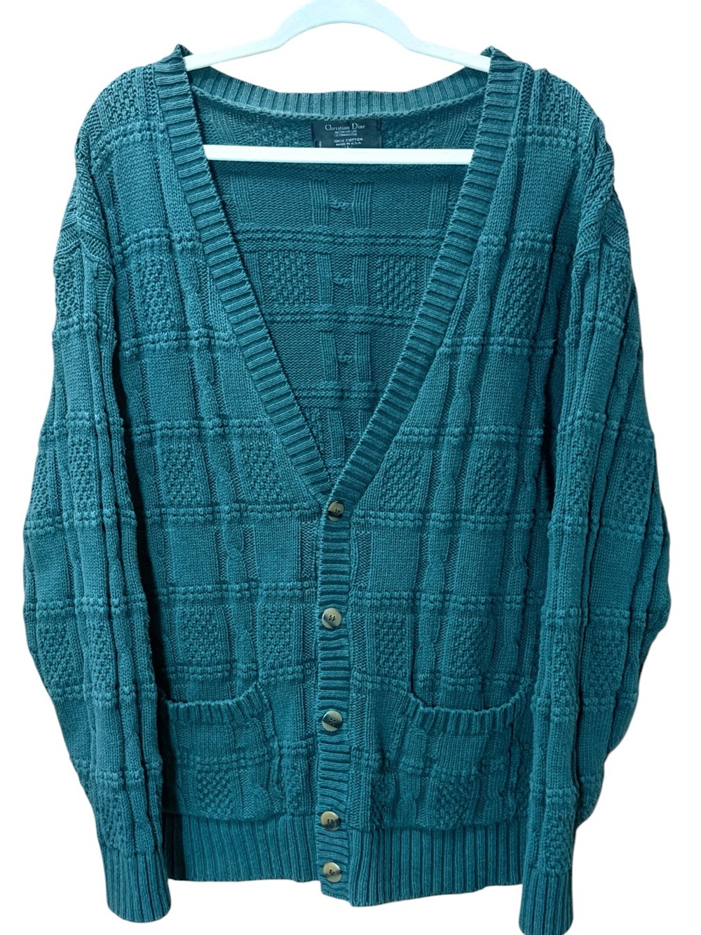 Christian Dior Vintage Cable Knit Cotton Cardigan Green Large